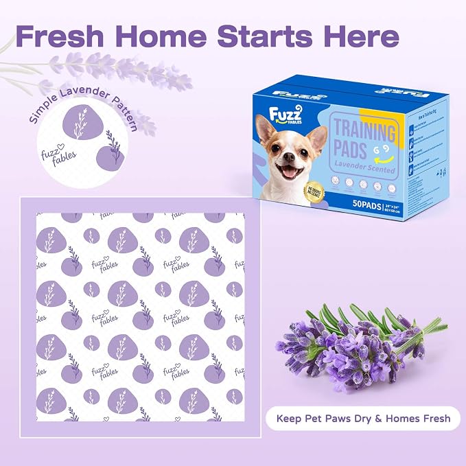 Lavender Puppy Pads-24"x 24", 50 Count Disposable Dog Pee Pads | 6-Layer Super Absorbent Quick Dry Leakproof Dog Pads with Adhesive Tabs, Odor Control Pee Pads for Dog Indoor Crate Training