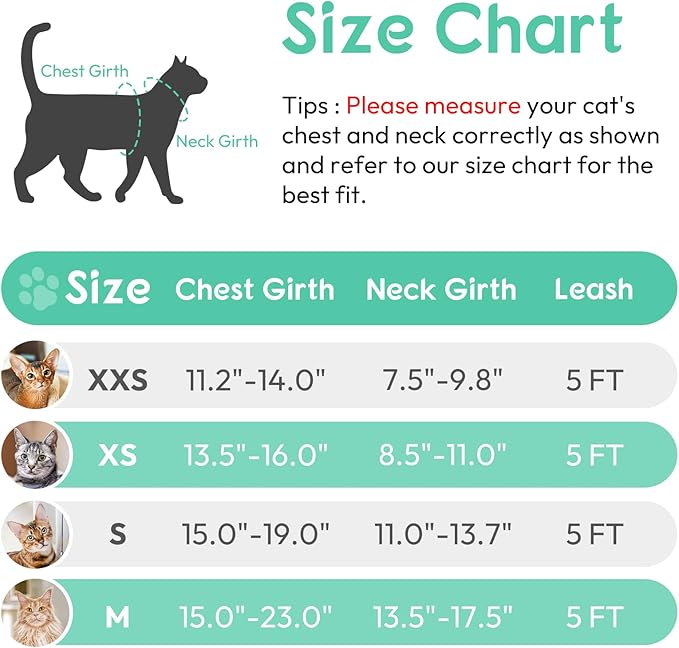 Dooradar Cat Harness and Leash Set, Escape Proof Safe Adjustable Kitten Vest Harnesses for Walking, Easy Control Soft Breathable Mesh Jacket with Reflective Strips for Cats, Green, XS