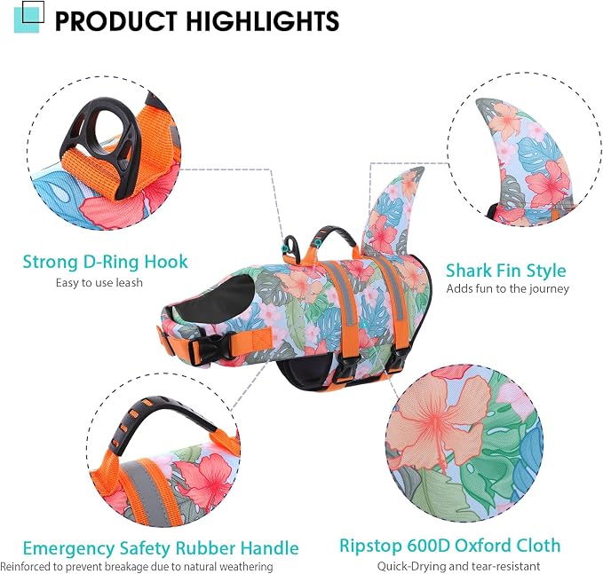 Dog Life Jacket High Flotation, Reflective Dog Life Vest for Swimming, Adjustable Dogs Life Preserver Rescue Handle Spring Summer Pool for Small, Medium, Large Dogs (HawaiiOrange,S)