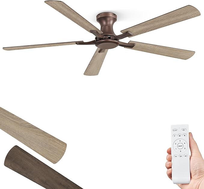 ZMISHIBO 60 Inch Ceiling Fan No Light, Flush Mount Low Profile, Farmhouse Brown