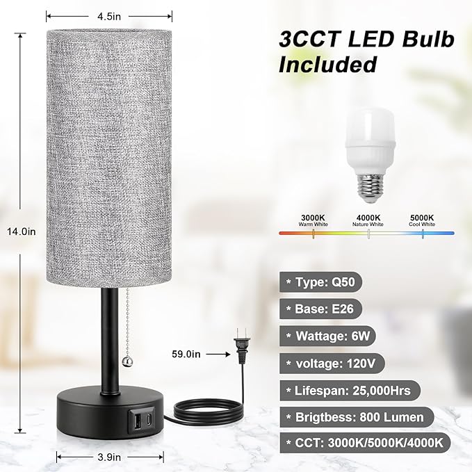 Grey Bedside Lamp for Bedroom Nightstand - Small Table Lamp with USB A + C Charging Port, 3 Color Temperatures Pull Chain Night Stand Light with Bulb, Side Table Desk Reading Lamp for Living Room/Dorm