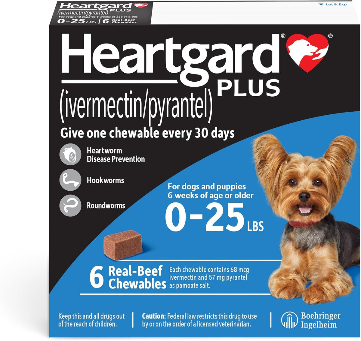 HEARTGARD® Plus (ivermectin/pyrantel) Real-Beef Chewables for Dogs up to 25 lbs (Blue Box) 6 Month Supply of Chews (Heartworm Disease Preventive)