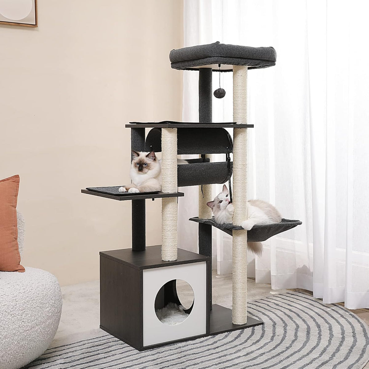 PEQULTI 51.4 Inches Modern Cat Tree Premium 6 Levels Wooden Cat Tower with Fully Sisal Covered Scratching Posts, Cozy Condo, Spacious Perch, Super Large Hammock and Swing Tunnel for Indoor Cats Gray