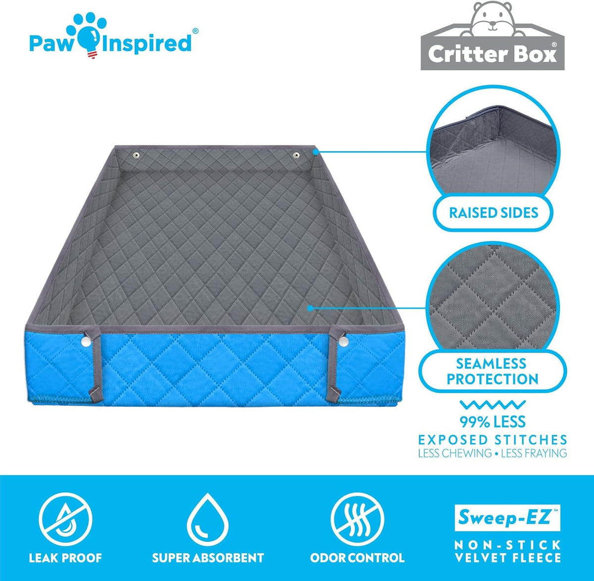 Paw Inspired Critter Box Washable Cage Liner, Reversible Fleece Bedding with Raised Sides for Guinea Pigs and Other Small Animals (2x4 (12" Grids), Gray/Blue)