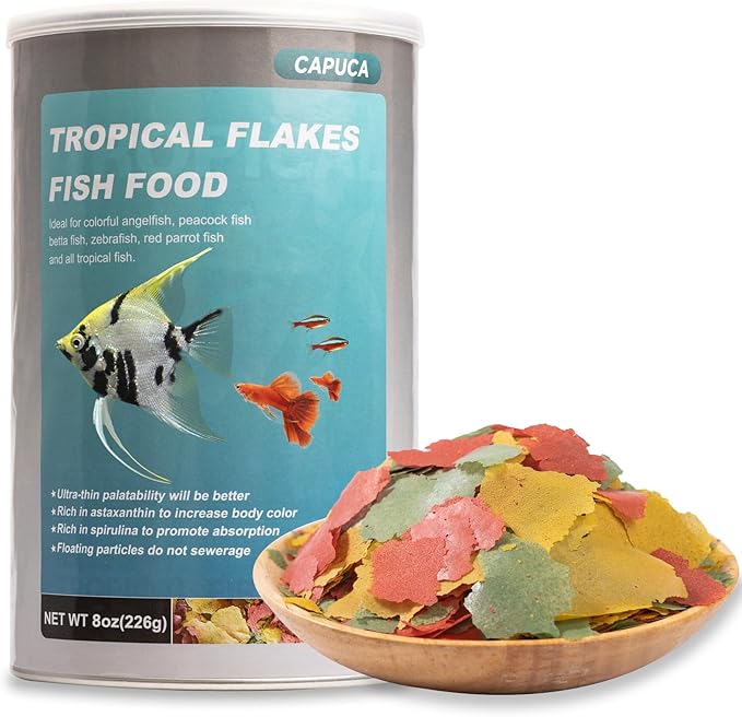 8 OZ Ultrathin Tropical Fish Flakes - High Protein with Krill & Spirulina for Betta, Guppies, Tetra, Angelfish, Color Enhancing Fast Growth Formula