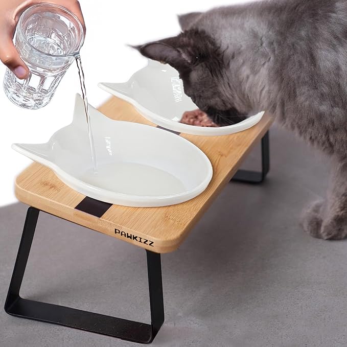 Elevated Cat Bowl Stand for Food and Water – Anti-Vomit Raised Feeding Station with Tilted Stand – Cat Ear Design, Removable Ceramic Bowls, Anti Slip Bamboo Base, Dishes for Indoor Cats & Kittens