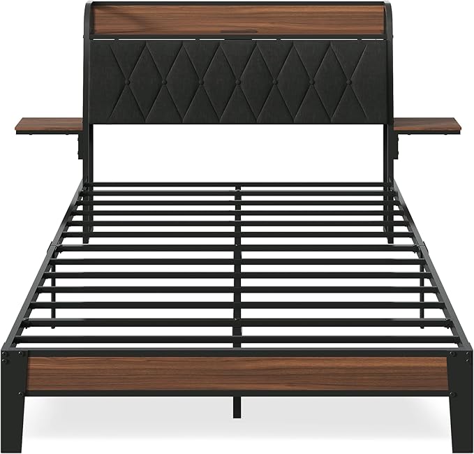 WLIVE Full Upholstered Bed Frame with 2 Side Shelves, Linen Tufted Storage Headboard with Charging Ports and LED Light, Metal Solid and Stable, No Box Spring Needed, Easy Assembly, Brown