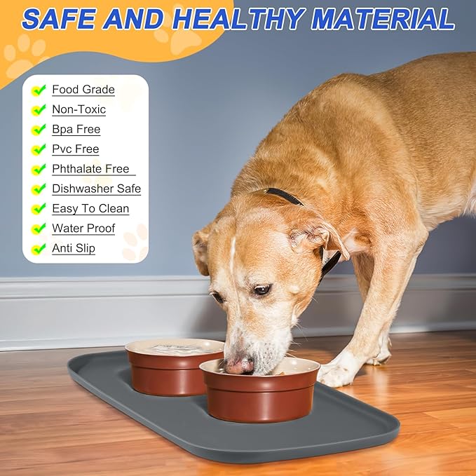 SMILOOL Silicone Pet Feeding Mat with Raised Edge for Food and Water, Dog Bowl Mats, Cat Bowls Placemat with High Lip for Floor Waterproof, Rubber Tray for Cats and Dogs 24 x 16 x 0.8 Dark Grey | 24" x 16" Non-Slip Pet Feeding Mats with Lip for Food & ...
