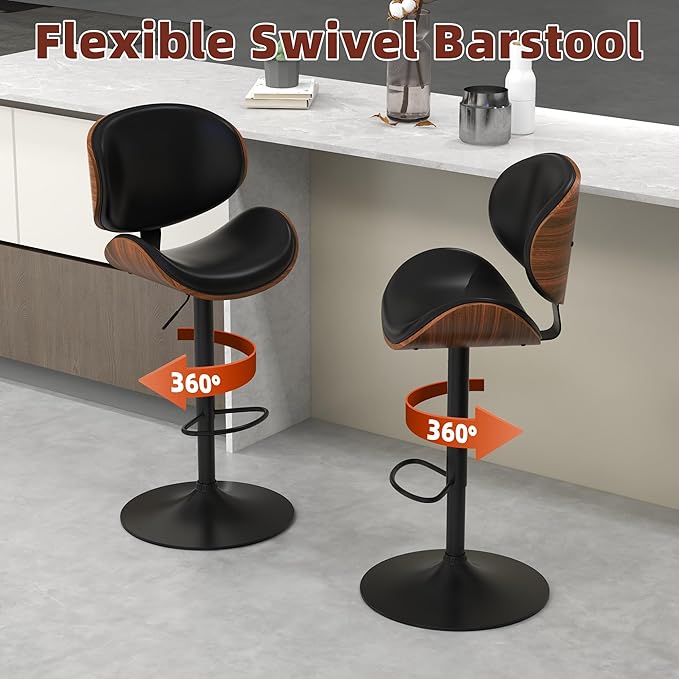 civama Bar Stools 1 PC for Kitchen Counter, Adjustable Bar Height Chairs, Modern Swivel Barstools with Bentwood Seat and Back with Footrest for Kitchen Island, Dining Room, Black PU Leather
