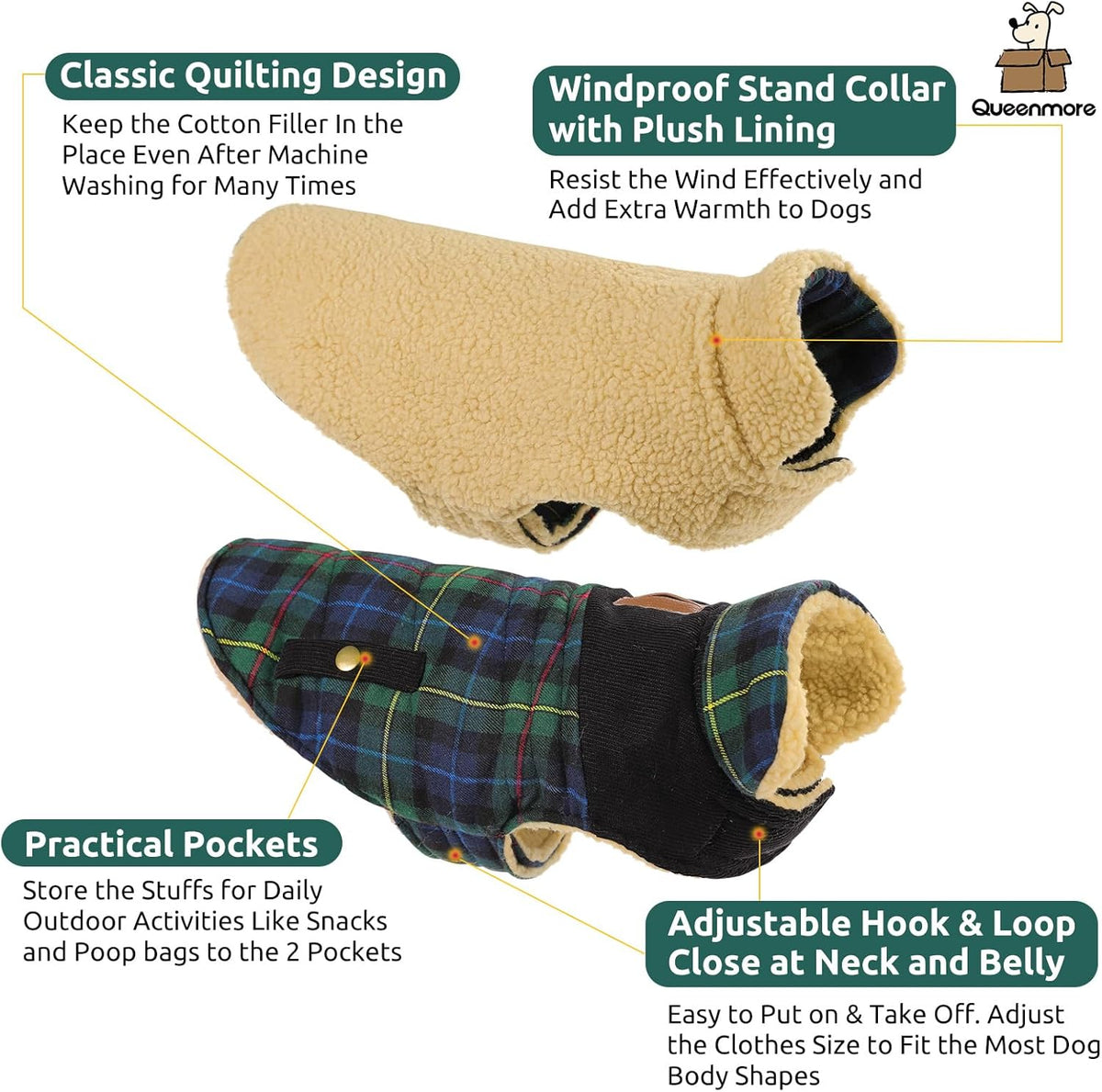 Queenmore Dog Winter Coat Warm Dog Jacket for Cold Weather, Quilting Puffer Plaid Coats for Small/Medium Dogs Waterproof,Girl/Boy Pet Christmas Coat,Pet Snowsuit with Leash Hole/Fleece Padding, L