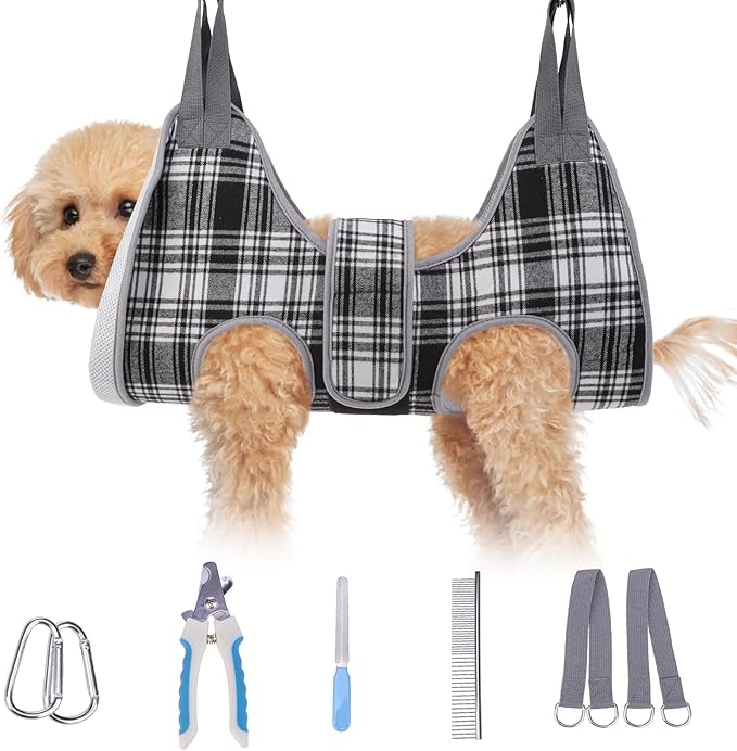 BEAUTYZOO Dog Grooming Hammock, Small Dog Sling for Nail Trimming, Dog Hanging Harness for Claw Care with Thick Fabric Neck Support Wide Strap Restraint Cat Grooming Hammock, Black XS