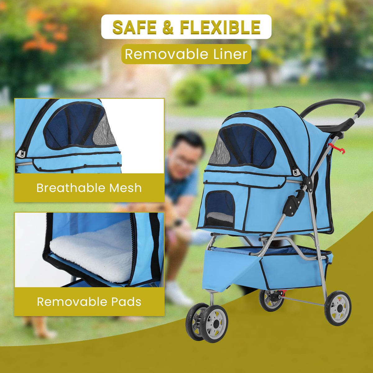 Foldable Pet Stroller for Cats and Dogs 3 Wheels Carrier Strolling Cart with Weather Cover, Mesh Panels，Storage Basket Cup Holder，Blue