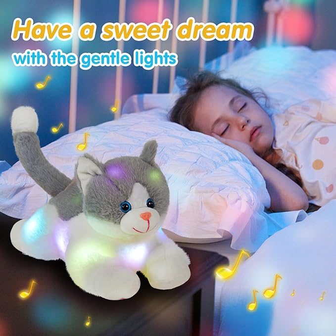 Houwsbaby 15" Gray LED Musical Cat Stuffed Animal Floppy Singing Kitty Light Up Plush Toy Kitten Lullaby Animated Soothe Birthday Festival for Kids Toddlers Girls Boys