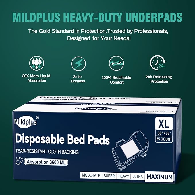 MILDPLUS Heavy Duty Underpads 30"X36", 25 Count, Ultra Absorbent Chucks 130 Grams Tear-Resistant Disposable Bed Pads with Strength Cloth Backing Incontinence Pads for Adults, Kids or Pets