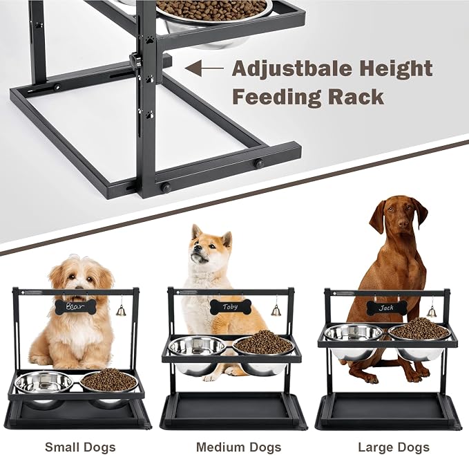 Elevated Dog Bowls with Slow Feeder for Large and Medium Dogs, Adjustable Height Raised Dog Bowl Stand with 2 Stainless Steel Bowls and Spill-Proof Mat, Dog Feeder for Healthy Eating (Grey)