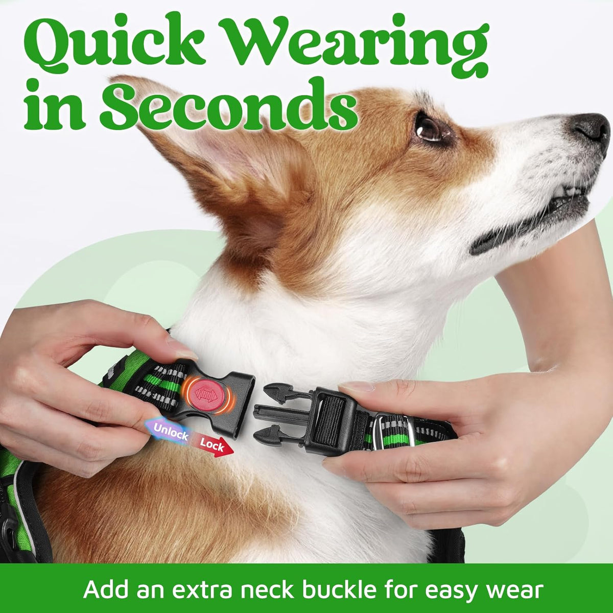 rabbitgoo Dog Harness for Large Dogs, No Pull Pet Vest with 3 Buckles, Adjustable Soft Padded Pet Harness with Easy Control Handle and Reflective Strips, Green, XL
