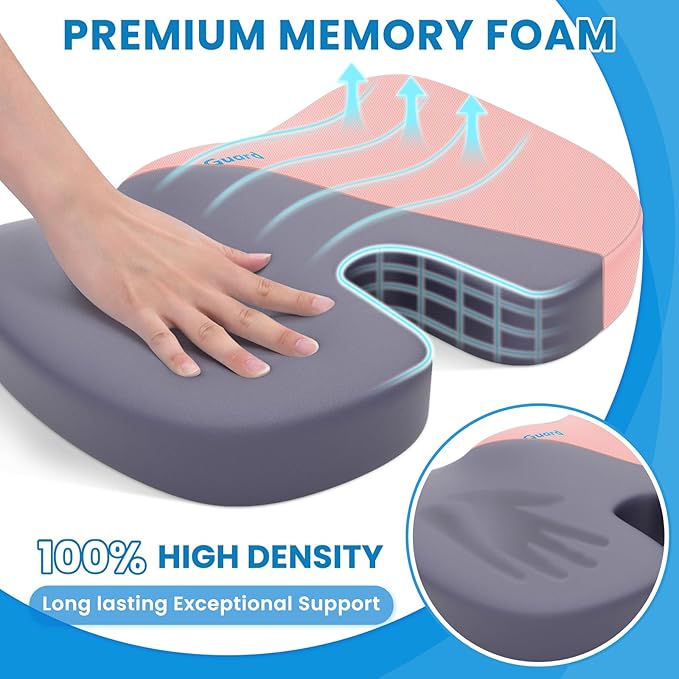 TushGuard Seat Cushion for Office Chair Memory Foam Non-Slip Cushion Back, Relief Chair Pad, Butt Pillow for Office, Car, Computer Desk, Pink, X-Large