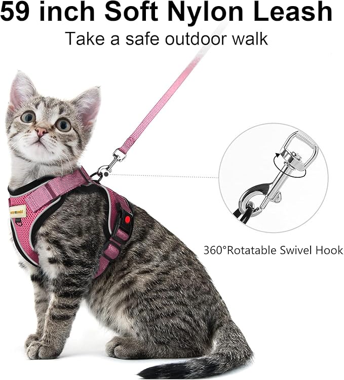Cat Harness and Leash for Walking, Retractable Cat Harnesses and Leash Set Escape Proof, Breathable Soft Kitten Small Large Harness for Travel Training and Walking, Pink, S