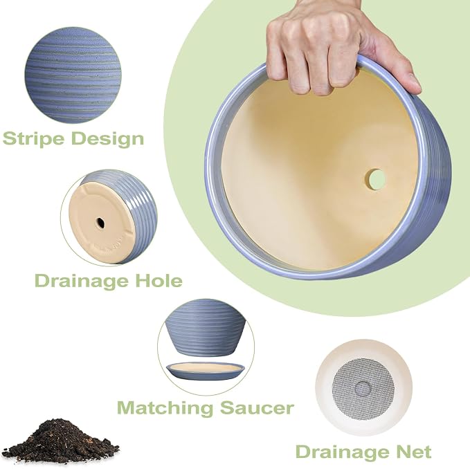 10 Inch Plant Pot - Round Ceramic Planter with Drainage Hole and Plant Saucer Indoor Outdoor for Decoration, Modern Home Garden Office Decor, House Warming Gifts, Blue-Purple