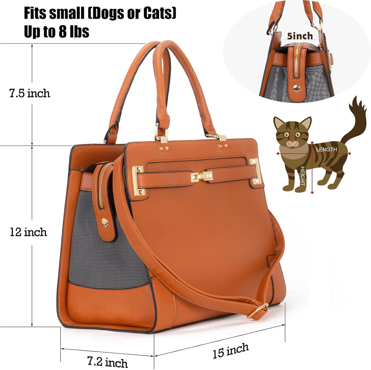 Fashion Pet Carrier Dog Cat Carrier Purse Soft-Sided Leather Handbag Pet Tote Bag for Small Dogs Puppy and Cats TSA Airline Approved (Brown)