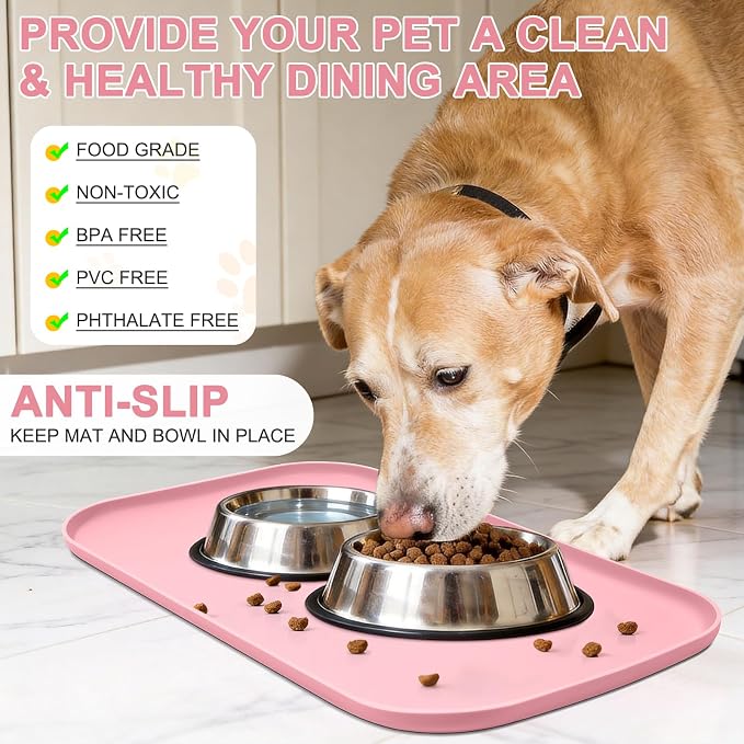 SMILOOL Waterproof Silicone Pet Food Mat with Raised Edge for Dog & Cat | 24" x 16" Non-Slip Pet Feeding Mats with Lip for Food & Water Bowl, Food Grade, Easy Cleaning, Sakura Pink