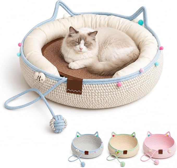 Handwoven Cotton Rope Cat Basket Bed with Hanging Ball Toy (Blue, Medium) | cat bed, woven cat basket, kitten bed, small dog bed, cat toy ball, all season pet bed, washable cat cushion