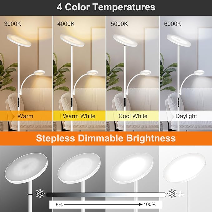OUTON LED Floor Lamp, 27W/2400LM Modern Torchiere & 7W/ 400LM Reading Lamp, Bright Dimmable Standing Tall Lamp with 4 Color Temperature, Remote Touch Control for Living Room Bedroom Office, White