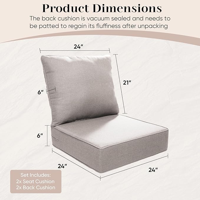 Outdoor Seat Cushion Set-24 x 24 x 6 Inch Outdoor Chair Cushions Set of 2 with Water Resistant & Removable Cover Outdoor Cushions for Patio Furniture Chair Sofa Couch-Beige