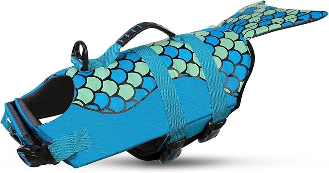 Mermaid Dog Life Jacket - Lightweight Dog Swimming Vest, High Buoyant, Blue, XL