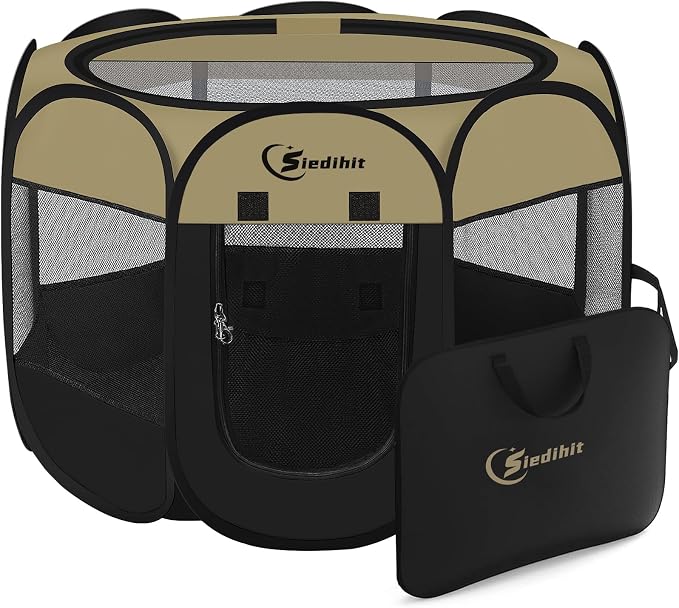 Siedihit Puppy Playpen for Small Dog Cat, Dogs Tent Crate Cage | Indoor/Outdoor, Portable Pop Up Dog Kennel with Carrying Bag for Rabbits(Black Khaki, Small)