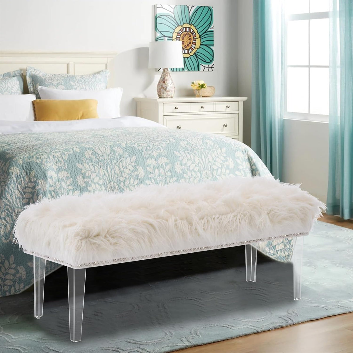 46 Inch White Bedroom Bench, Benches for Bedroom White Faux Fur Upholstered Bed end Bench, Tufting Ottoman Bench Indoor Bench with Acrylic Legs for Living Room Bedroom Entryway