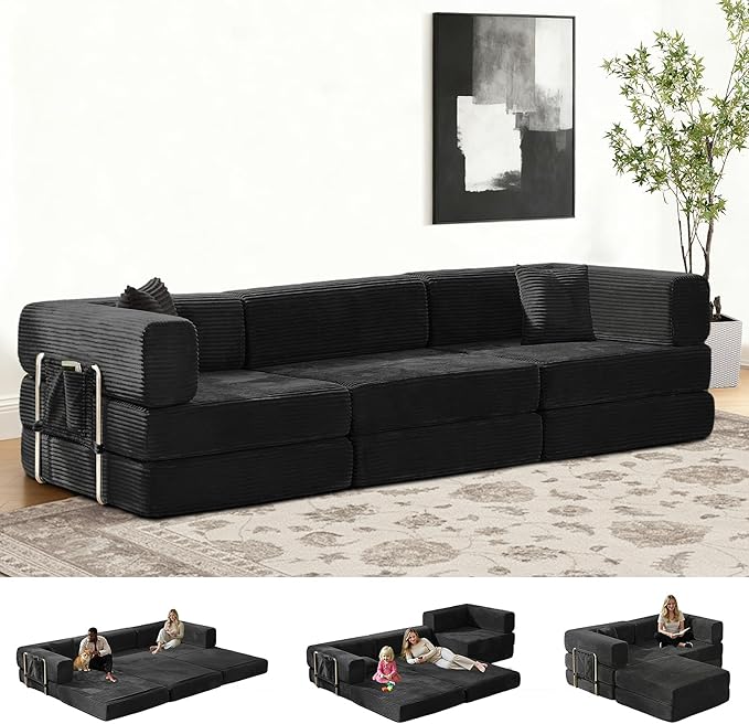 Folding Sofa Bed Convertable Corduroy Couch King Size Floor Sleeper 4-in-1 DIY Combination Modular Sofa Fold Out Futon Lounge Comfy Foldable Lazy cama for Living Room (Black)