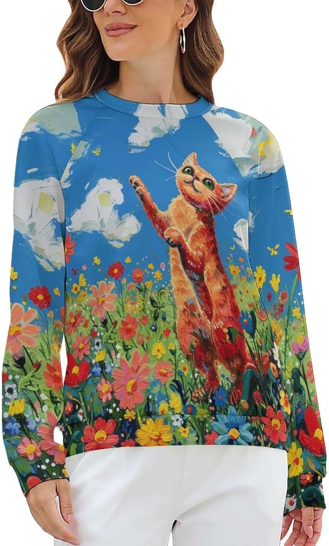 Long Sleeve Shirts for Women Cat Oil Painting Shirt 3D Graphic Sweatshirts Fall Pullover Crewneck Vintage Boho Tops