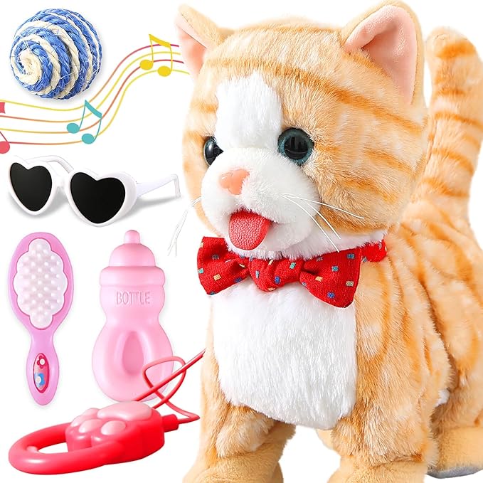 Yellow Pattern Leash Walking Cat Set Interactive Talking Toy Singing Dancing Kitten Mimicking Repeat What You Say Kitty Touch and Voice Control Nodding Wagging Tail Plush Electric Robot for Kid Girl