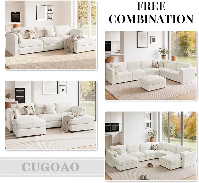 CUGOAO 153.4'' Modular Sectional Sofa, Oversized, Sectional Couch, Deep Seat Chenille Cloud Couch Sofa, Removable Cover, Mordern Upholstered Couches for Living Room, Apartment, Office, Beige