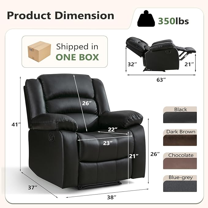 ANJ Black Recliner Chair Set of 2, with Overstuffed Arm and Back, Breathable Faux Leather Manual Reclining Chairs, Living Room Single Sofa Recliners