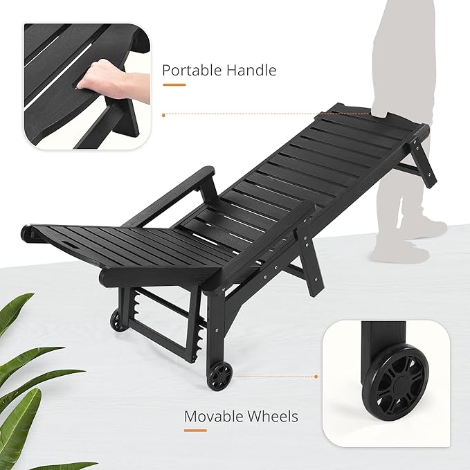 LUE BONA Outdoor Chaise Lounge, HDPS Chaise Lounger, 5 Positions Adjustable Lounge Chairs, Pool Lounge Chair with Wheels for Poolside, Backyard, Black