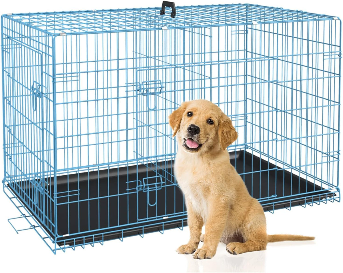 BestPet | Dog Crate | 30" | Blue | Foldable Metal Kennel with Double Doors, Secure Slide-Bolt Latches, Leakproof Tray | Portable Dog Cage for Small Breeds | for Travel, Indoor & Outdoor Use