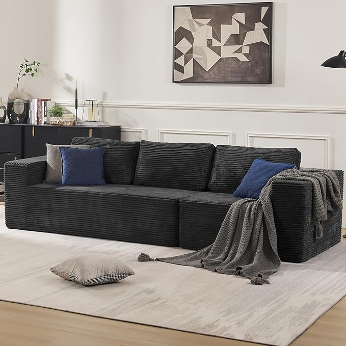 106" 3-Seater Sofa, Cloud Modular Sofa with Certified Foam, Upholstered Floor Sofa with Deep Seat, Upholstered Sofa for Bedroom Living Room, No Assembly Required (Plush Corduroy Fabric, Black)