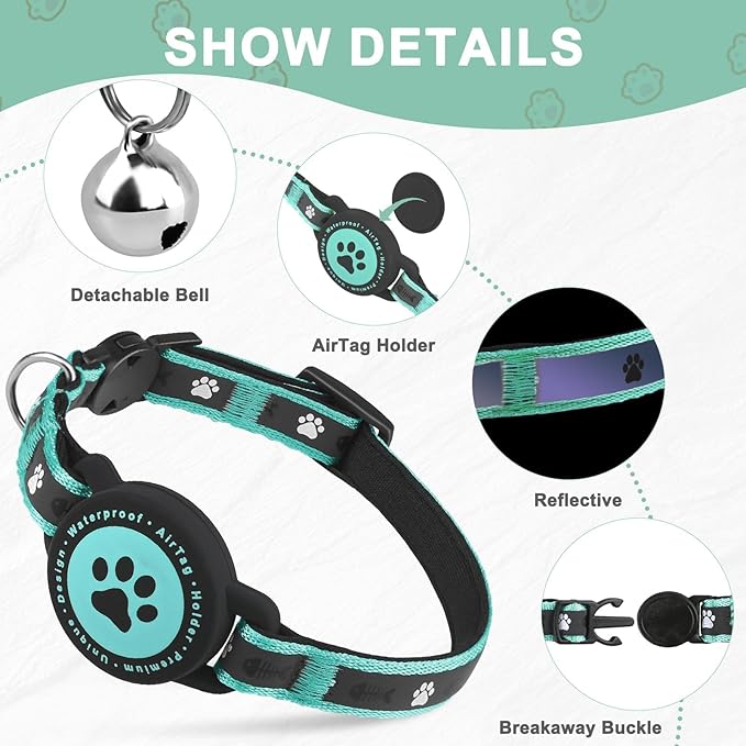 Airtag Cat Collar Breakaway, Reflective Cat Collar with AirTag Holder and Bell, Compatible with Apple Air Tag, Comfortable Padding, Adjustable, Durable (Turquoise, XS)