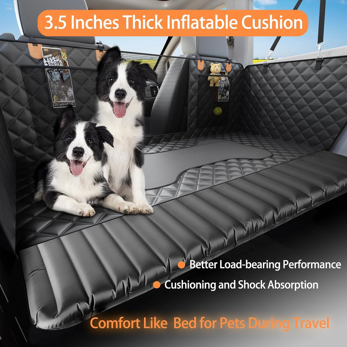 Car Back Seat Pet Cover for Dogs Back Seats Protector, Soft Inflatable Cushion Backseat Extender Comfortable Dog Hammock, Waterproof Dog Bed Rear Travel Accessories for Car,SUV,Truck