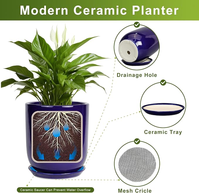 10 Inch Plant Pot - Ceramic Pot for Indoor Plants Large Planter Modern Outdoor Flower Pot with Drainage Hole and Saucer for Home Patio Decor Blue