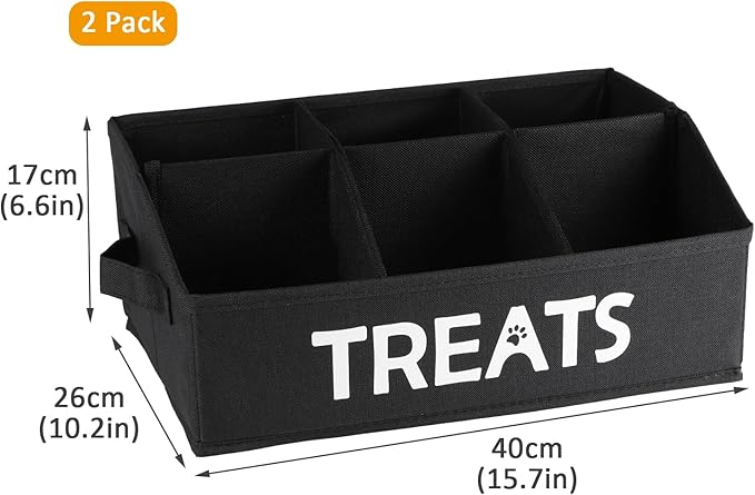 2-Pack Dog Storage Organizer, Collapsible Cat Treats Container with Dividers, Dog Treats Station - Black