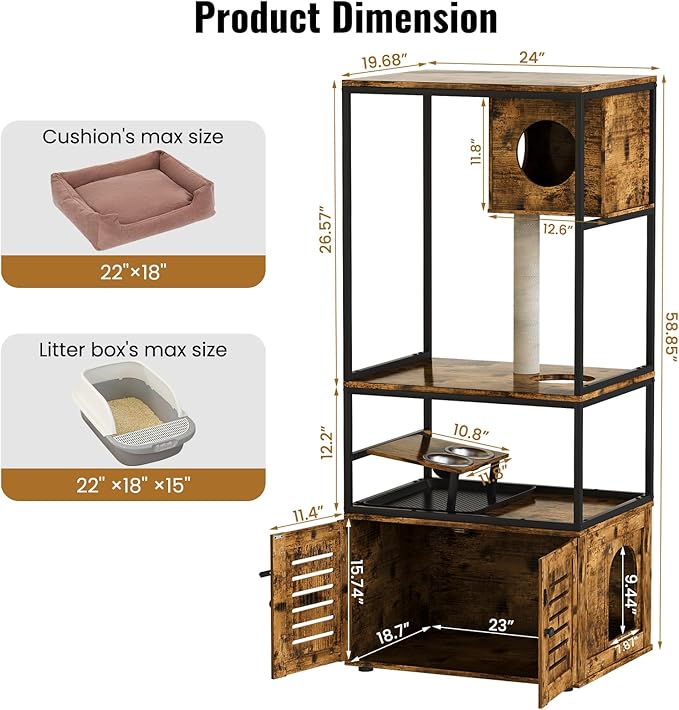 Lamerge Cat Tree with Litter Box Enclosure, All-in-1 Large Cat Litter Box Enclosure, Cat Condo with Scratching Posts and Cat Feeding Bowl, Rustic Brown