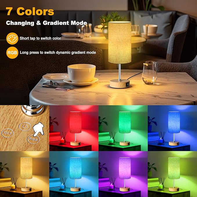 Unicozin Small Table Lamp, 3CCT & 7 RGB Color Changing, Dimmable Nightstand Lamp with Wood Grain Base, Touch Bedsides Lamp for Bedroom, Office, Kids Room, Nursery, Party, Beige Shade