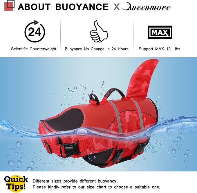Shark Dog Life Jacket, LifeVests for Boating, High Buoyant Dog Life Vest for Swimming, Adjustable Easy On Pet Jackets for Small, Medium, Large Dogs (Red Triangle,L)