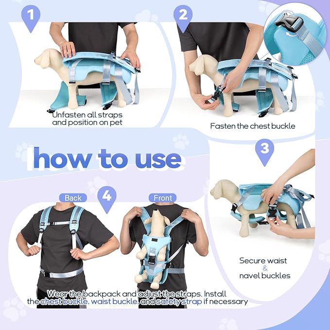 YUDODO Front Pet Carrier Backpack for Small Dog, Legs Out Dog Chest Carrier | Safety Belt, Ergonomic Support, Hands Free, Durable & Comfortable, For Walking Hiking Cycling, Blue, S