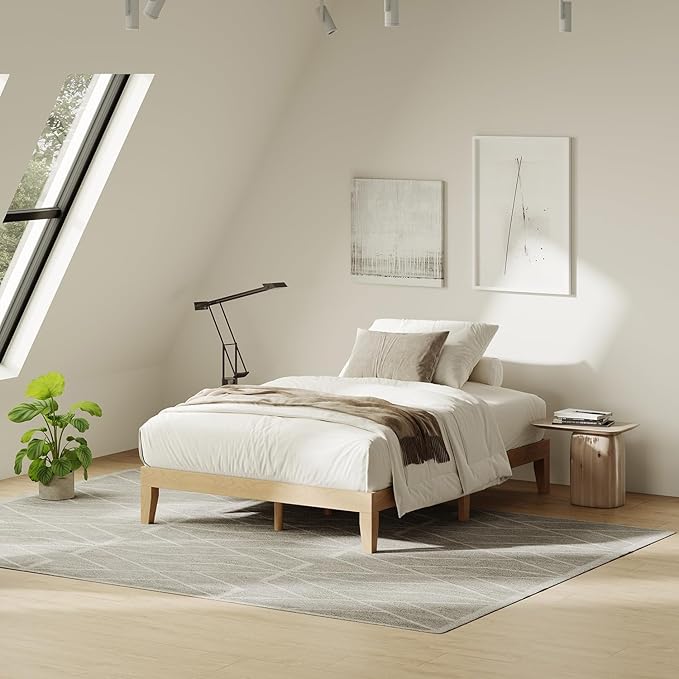 Full Size Wood Platform Bed Frame, 12 Inch Solid Wood Bed Frame with Wooden Slats, No Box Spring Needed, Easy Assembly, Rustic Pine