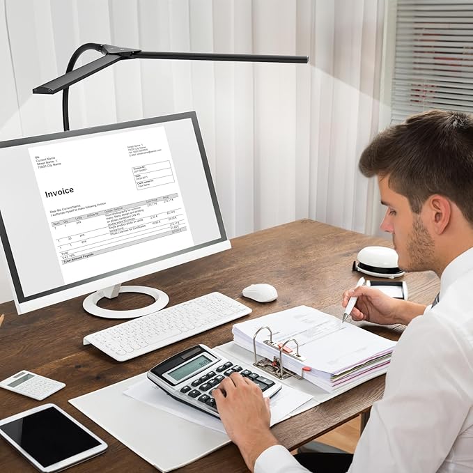 LED Desk Lamp for Home Office, Bright Double Head Desk Lamp with Clamp, Dimmable 5 Color Modes Desk Lighting, 12W Eye-Caring Architect Table Lamp for Workbench, Monitor, Reading, Study, 1400lm