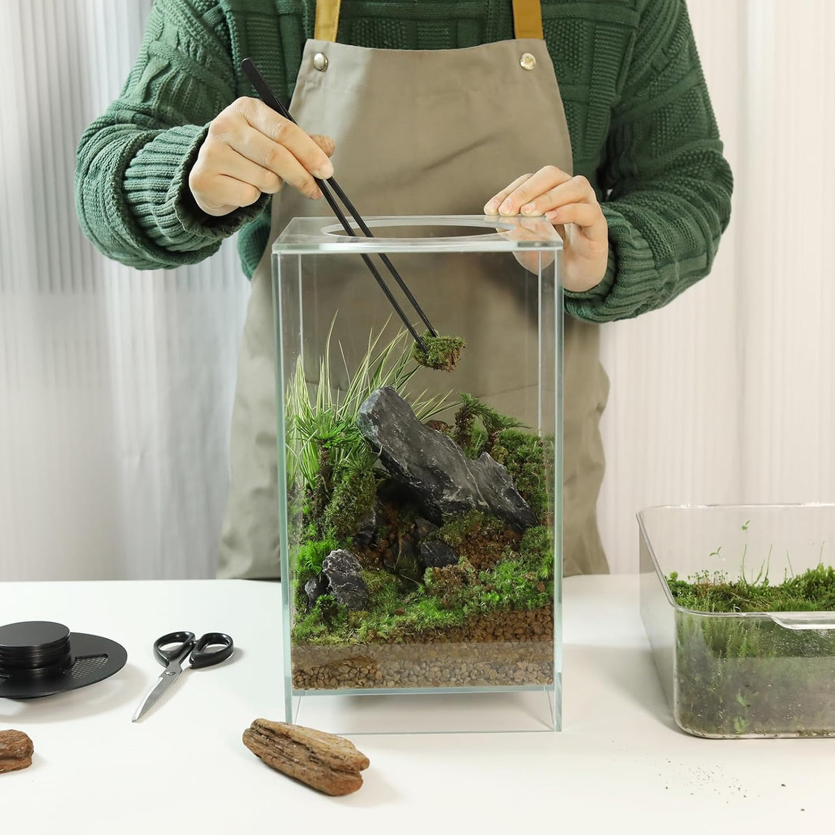 Desktop Glass Plant Terrarium with Grow Light(L7.8 W7.8 H14), for Succulent, Moss, Miniature Gardening Landscape, Betta Fish Tank, Indoor Plant Growth, Office Home Decoration (TimeControlled)